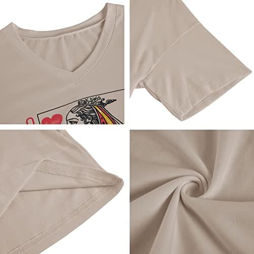 Fazortev Womens Oversized Queen Of Hearts Graphic T Shirts Casual V Neck Half Sleeve Summer Loose Tees Tunic Tops Khaki