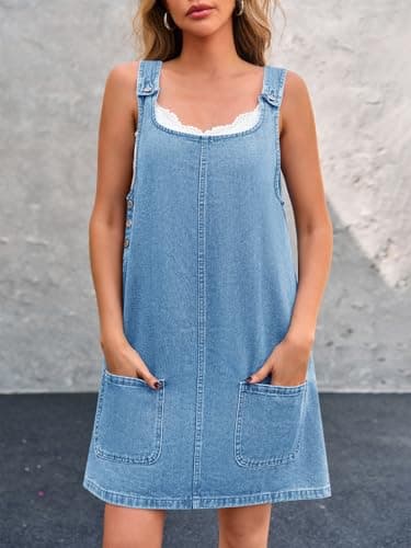 BZB Women's Sleeveless Casual Denim Dress Crewneck Vintage Overall Mini Dress with Pockets (Blue, Medium)