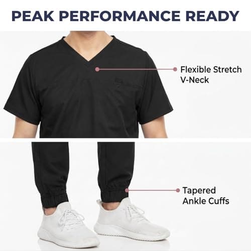 MediChic Men’s Scrub Set – Stretch V-Neck Scrub Top & 7-Pocket Jogger Pants, 4-Way Stretch Flex Medical Uniform Workwear, Black Medium
