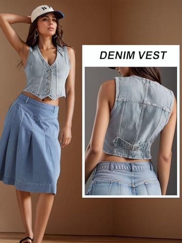 Momtecanuo Women's Denim Vest Crop Jean Vest Tops Sleeveless V Neck Button Down Fitted Summer Western Country Denim Waistcoat