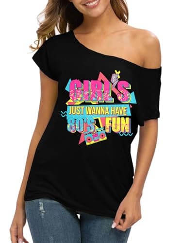 90s 80s Outfit for Women 80's Theme Party Disco Shirt Off the Shoulder Tops Vintage 90s Neon Off Shoulder Top