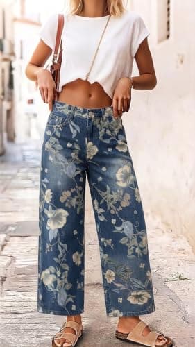 chouyatou Women's Floral Print Mid Rise Cropped Jeans Wide Leg Baggy Boho Ankle Denim Pants with Pockets (Medium,Blue)