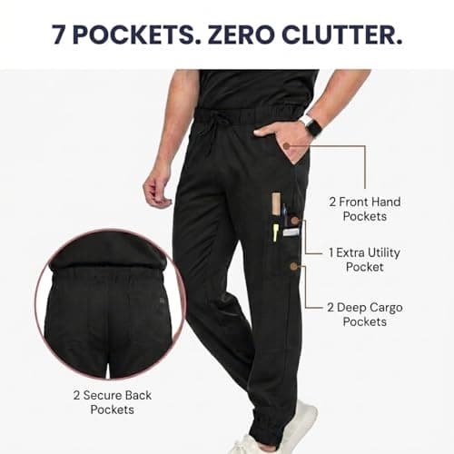 MediChic Men’s Scrub Set – Stretch V-Neck Scrub Top & 7-Pocket Jogger Pants, 4-Way Stretch Flex Medical Uniform Workwear, Black Medium