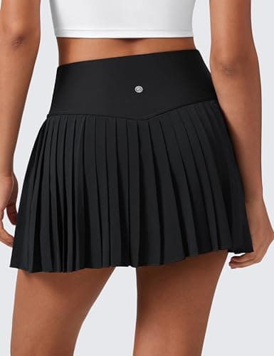 CRZ YOGA Women's High Waisted Pleated Tennis Skirts with Pockets Tummy Control Casual Liner A Line Workout Golf Skorts Black Medium