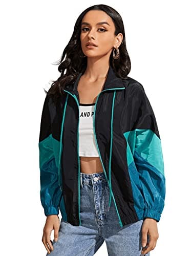 SweatyRocks Women's Lightweight Windbreaker Patchwork Zipper Sport Jacket Coat Outerwear Teal Black L