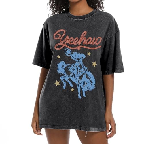 Cayxatiu Western Shirts for Women Vintage Cowgirl Shirt Oversized Rodeo Cowboy Graphic Tees Country Concert Short Sleeve Tops(Black,L)