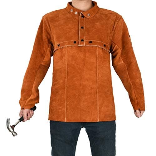 LeaSeek Leather Welding Jacket - Heavy Duty Welding Apron with Sleeves,Heat Flame Resistant Cowhide Weld Coat for Men Women.