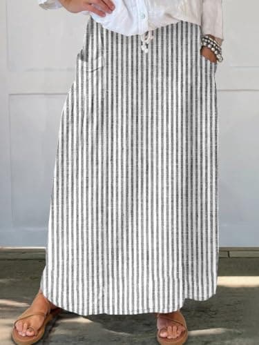 chouyatou Women's Vertical Striped High Waist Maxi Skirt Vintage Floral Cotton Long Skirt with Pockets (Large, Gray)