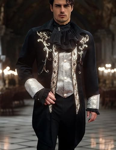AIBEIX Mens Steampunk Medieval Jacket Gothic Victorian Frock Coat Uniform,Black,Large
