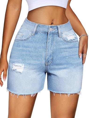 IWD Jean Shorts Womens High Waisted Ripped Casual Denim Shorts Stretchy Raw Hem Jorts 2026 Summer Trendy (Light Blue, Large)
