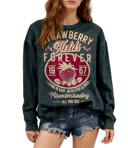 BOMYTAO Vintage Rock Band Sweatshirts for Women Fashion Country Music Pullover Beatle Strawberry Fields 1967 Long Sleeve Top(Grey,Large)