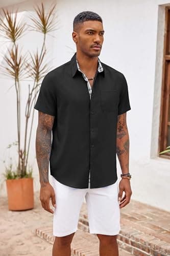 COOFANDY Men's Casual Button Down Shirt Beach Linen Short Sleeve Shirts Untucked Dress Shirt Black