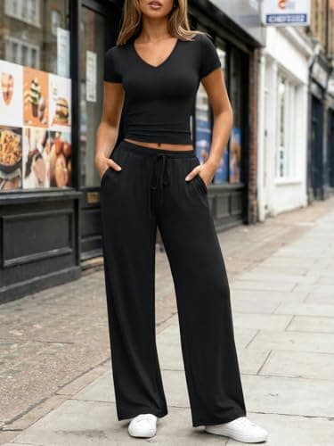 Trendy Queen 2 Piece Lounge Sets for Women Summer 2026 Two Piece Matching Loungewear Sweat Sets Spring Fashion Travel Airport Outfits Sweatsuits Casual Cute Clothes Track Suits Black M