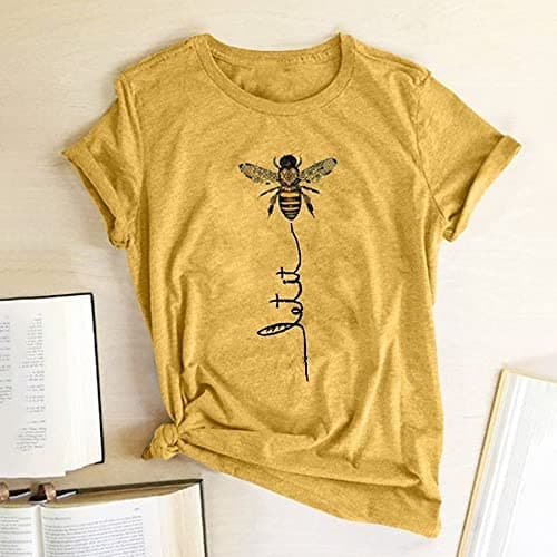 Pfvkeree Womens Cute Bee Graphic Tee Shirts Short Sleeve Let It Bee Funny Letter Print Summer T-Shirt Tops Yellow