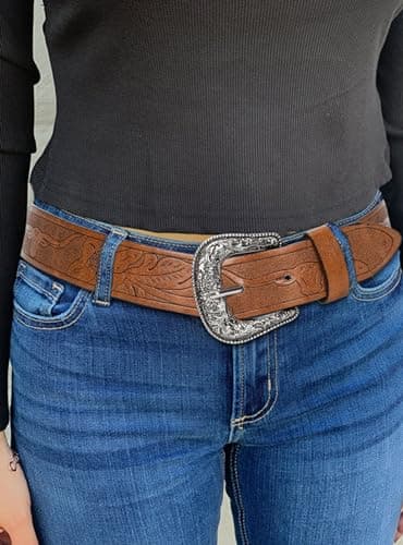 Western-Leather-Belts-Women Vintage Waist-Belts with Hollow Out Flower Buckle