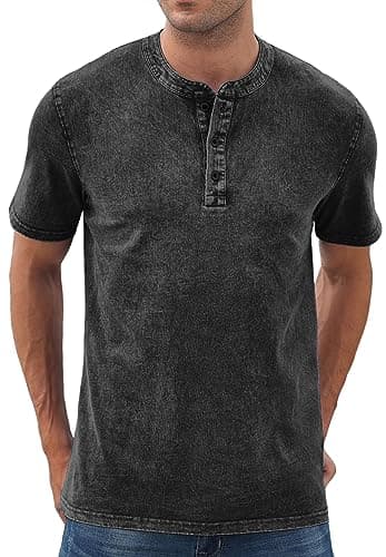 NITAGUT Mens Distressed Henley Shirts Retro Short Sleeve Cotton Tee Shirts Casual Button Down Washed T-Shirts Black, Medium