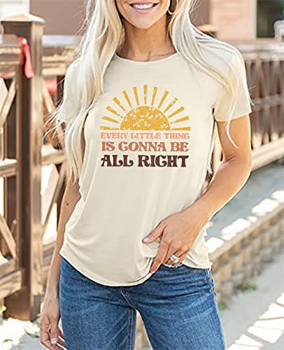 HEYO, Women Every Little Thing is Gonna Be Alright Shirt Country Music Shirts Retro Hippie T Shirt Inspirational Tee Top, Beige-s1, Medium