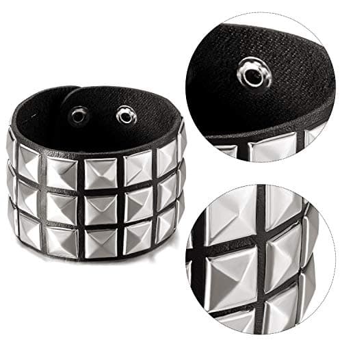 Hicarer 3 Pieces Spiked Studded Bracelet Black Leather Rivet Punk Bracelet Cuff Wrap Bangle Snap Button Metal Wristband for Men Women(Punk Style)