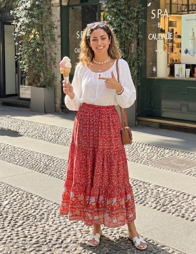 ZESICA Women's 2026 Summer Bohemian Floral Printed Elastic Waist A Line Maxi Skirt with Pockets Red#2 Medium