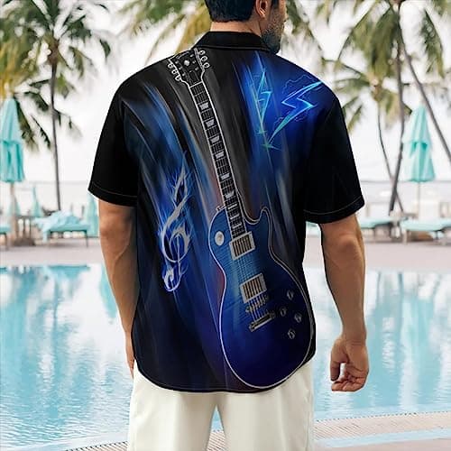 Ecosunny Men's Blue Lightning Electric Guitar Shirts Short Sleeve Hawaiian Gradient Casual Button Down Music Shirt