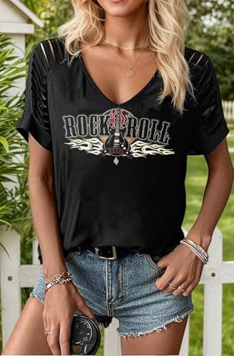 Raypag Women Vintage Rock T Shirts Casual Loose Fit Short Sleeve Country Rock Band T-Shirts Tshirt Vintage Letter Print(Black,Large)
