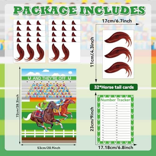 QOUBAI 32Pcs Derby Horse Games for Kids Pin The Tail on The Horse Poster Derby Party Games with Tail Stickers for Kentucky Decorations Racing Party Favors Supplies Kit for Kids Family Game