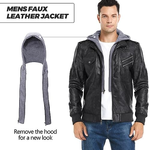 JYG Men's Faux Leather Jacket Stand Collar Motorcycle Bomber Jackets with Removable Hood (Black,L)