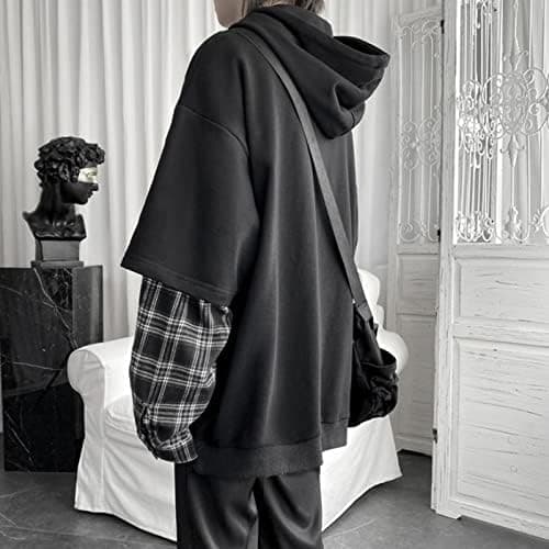 YUESUO Emo Streetwear Vintage Hoodie Women Men Oversized Sweatshirt Punk Patchwork Pullovers Grunge Plaid Hoodie Clothes (Black,2XL,US)