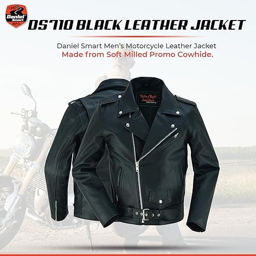 Daniel Smart Motorcycle Jacket for Men Genuine Black Leather Jacket with Polyester Thermal Lining Water Resistant Leather Jacket with inside inside & Heavy Duty Zippers