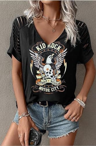 Rock Band T-Shirt for Women V-Neck Country Music Short Sleeved Shirt Retro Nashville Guitar Graphic Hollowed Tee Tops (Large,Black)