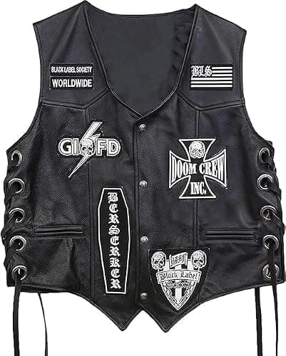 ENSURED FASHION Black Label Society Skull Patch Motorcycle Vest For Men – Real Leather Biker Jacket For Rock & Metal Fans (XL, Vest)