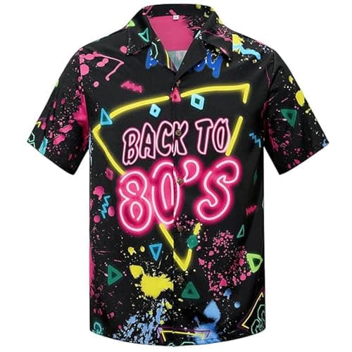 Zando Vintage 80s 90s Shirt for Men- Button Down Short Sleeve Disco Costume Top for Halloween Themed Party Prom Rave Casual Funny Hawaiian Shirt Big and Tall 80s Outfit Retro Aloha Clothes Large