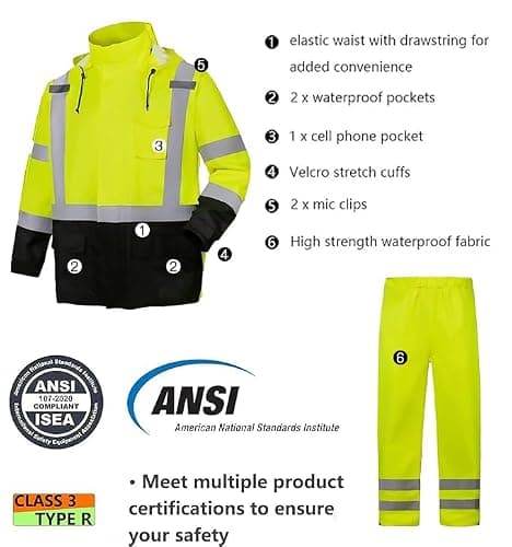 SRsafety High Visibility Rain Gear, Class 3 High Visibility Work Rain Gear for Men, Construction Rain Suits
