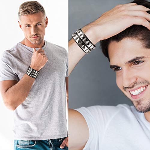 Hicarer 3 Pieces Spiked Studded Bracelet Black Leather Rivet Punk Bracelet Cuff Wrap Bangle Snap Button Metal Wristband for Men Women(Punk Style)