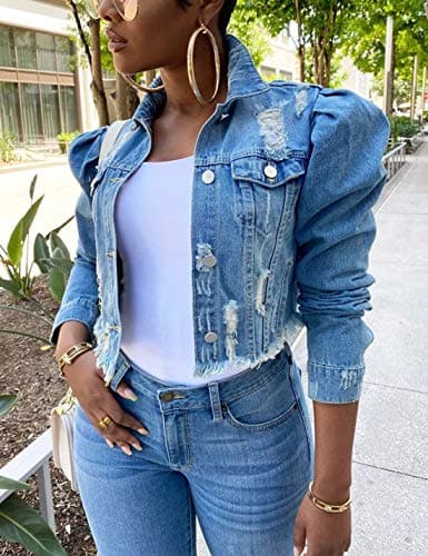 Omoone Women's Ripped Puff Sleeve Denim Crop Top Long-Sleeve Cropped Jean Jacket(1676-Blue-L)