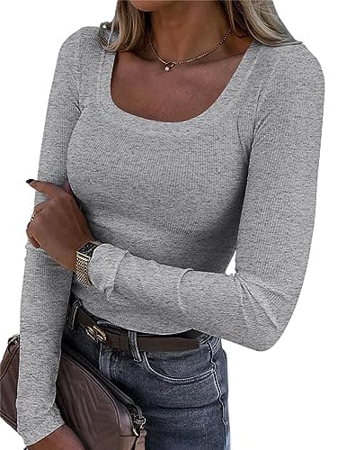 Roselux Long Sleeve Ribbed Top Review – Grey Scoop Neck Fit Test