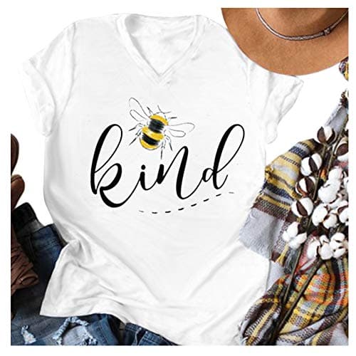 Womens Be Kind Graphic Tees V Neck Cute Printed Summer Casual T Shirts Tops (White,Large)