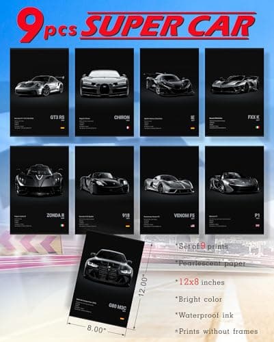dazongweihan 9pcs Super Car Posters for Boys Room, Racing Car Wall Art for Men Guys, Sports Car Wall Decor, Race Cars Pictures Wall Decor for Bedroom Dorm Man Cave (Unframe,8x12inch) (U1)