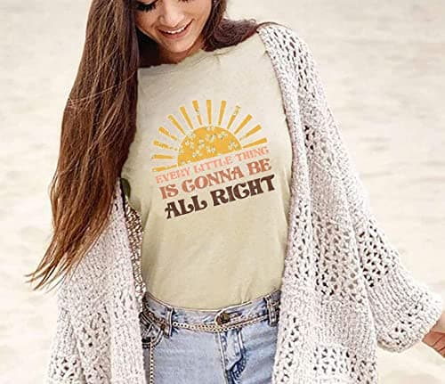 HEYO, Women Every Little Thing is Gonna Be Alright Shirt Country Music Shirts Retro Hippie T Shirt Inspirational Tee Top, Beige-s1, Medium