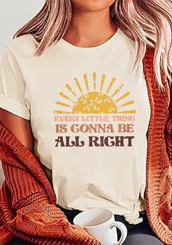 HEYO, Women Every Little Thing is Gonna Be Alright Shirt Country Music Shirts Retro Hippie T Shirt Inspirational Tee Top, Beige-s1, Medium
