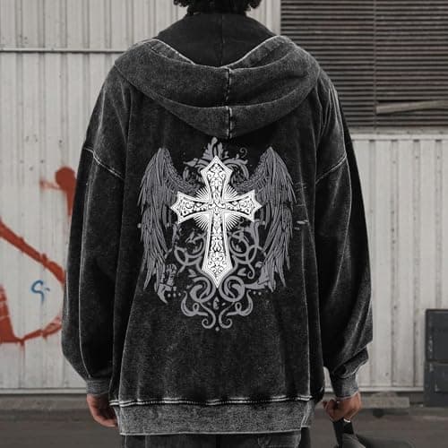 Lytiarul Vintage Goth Punk Zip Up Hoodies for Men Grunge Streetwear Oversized Gothic Cross Graphic Acid Wash Sweatshirt Tops(Black,L)