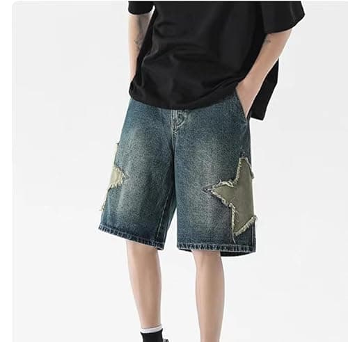 POHADON Y2K Blue Denim Shorts Summer Casual Loose Straight Leg Unisex Baggy Jeans Shorts Jorts Grunge Harajuku Streetwear (Star Patch,S)
