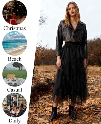 THHGPO Tulle Skirts for Women A Line Fairy Tiered Skirt Midi Length High Elastic Waist Long Skirt Black L