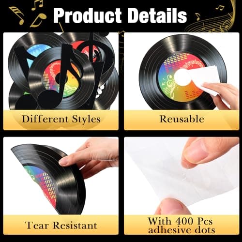 Pasimy 39 Pcs Music Party Decorations Musical Notes Records Bulletin Board Cutouts Rock and Roll Classroom Decor for 1950s 70s 90s Retro Music Birthday Party School Home Wall Decor(Black)