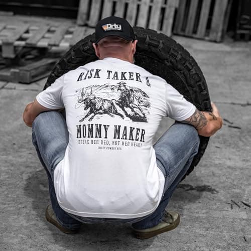 Combat Iron Men's Graphic T-Shirt | Risk Taker, Mommy Maker | Athletic Fit, Tagless Comfort | White, Large