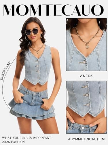 Momtecanuo Women's Denim Vest Crop Jean Vest Tops Sleeveless V Neck Button Down Fitted Summer Western Country Denim Waistcoat