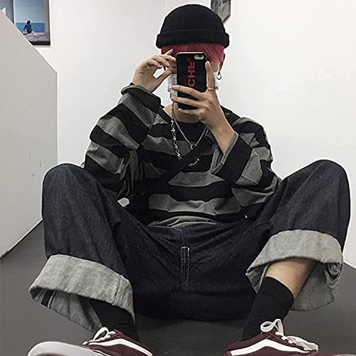 POHADON Striped Crewneck Long-Sleeve T-Shirt Alt Pullover Emo Shirt Punk Japanese Harajuku Streetwear