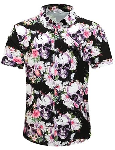 SheLucki Hawaiian Shirt for Men, Unisex Summer Beach Casual Short Sleeve Button Down Shirts, Printed Palmshadow Clothing Skull Pink M