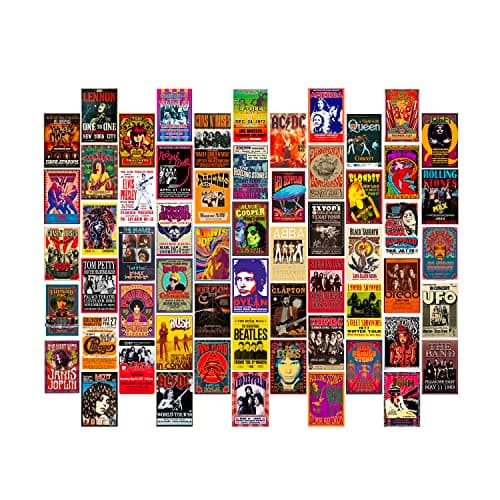 WOONKIT 60 PC Vintage Rock Band Posters, 70s 80s 90s Retro Concert Prints, Bedroom Wall Art, Album Cover Collage, 4x6 Inch (Set of 60)