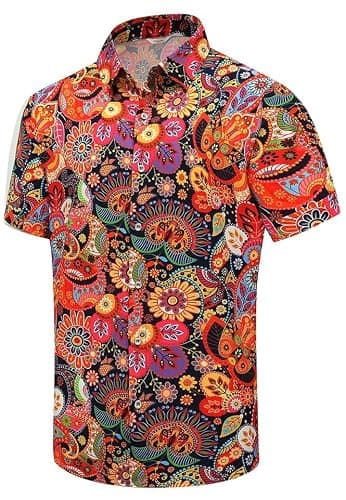 SheLucki Hawaiian Shirt for Men, Unisex Summer Beach Casual Short Sleeve Button Down Shirts, Printed Palmshadow Clothing Paisley Colorful L